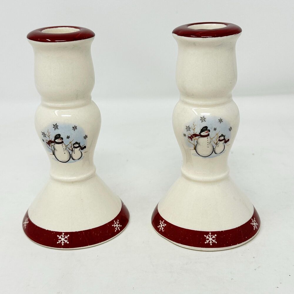 Royal Seasons Snowman Snowflake Candlestick Holders Ceramic Taper Winter Decor